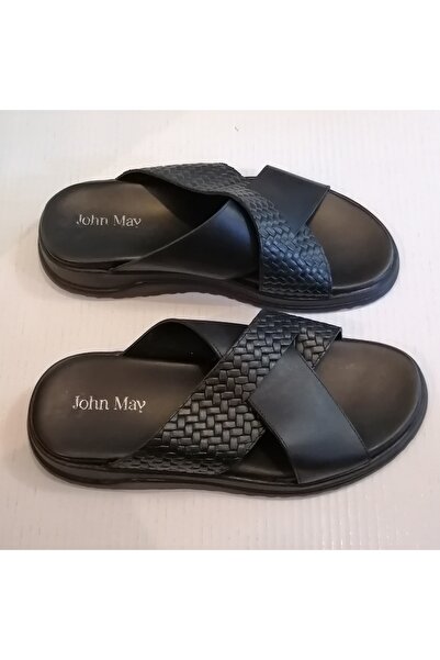 John May Uniseks Hakiki Deri Siyah Örgü Baskı Kombin Çapraz Bant Kauçuk Tabanlı Terlik