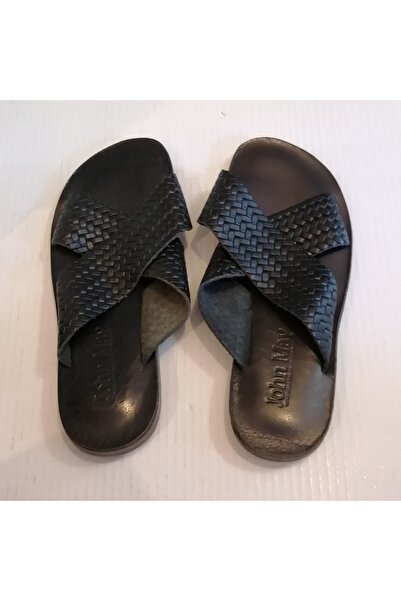 John May Uniseks Hakiki Deri Siyah Saç Örgü Baskı Çapraz Bantlı Hakiki Kösele Tabanlı Terlik