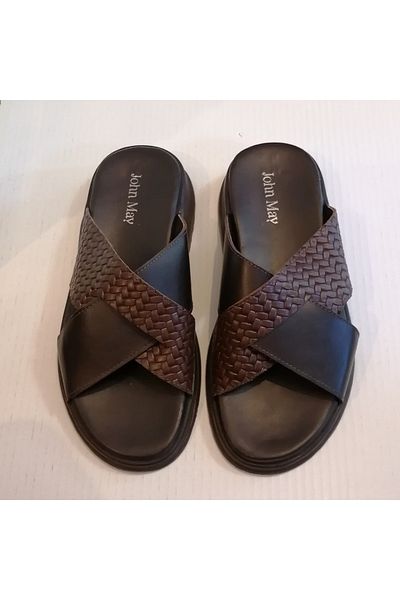 John May Unisex Genuine Leather Brown Knit Print Combination Cross Band Rubber Sole Slippers