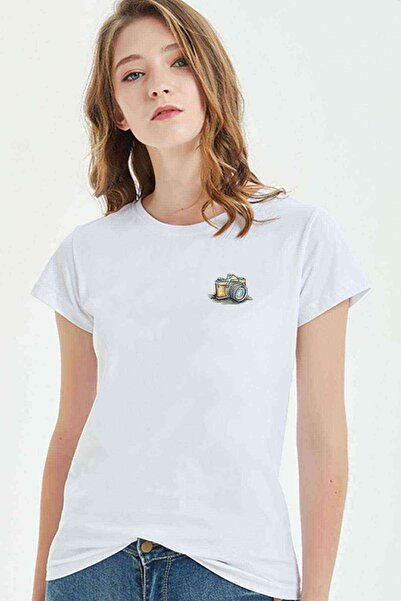 QIVI Kamera Smeđi Objekat Objektiv Kamera Štampano Bele Žene T-shirt