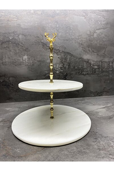 Modestmar Natural Marble Cookie Holder & Cake Holder 2 Layers with Gold Deer Object