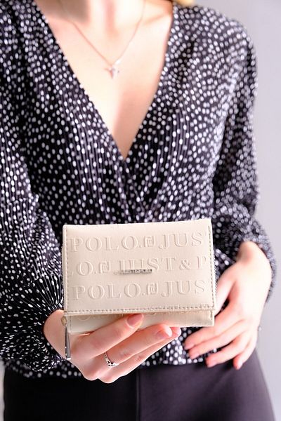 Just Polo Beige Women's Wallet - 6 Cards, 1 ID, Embossed Print, Snap and Zipper Closure, Vegan