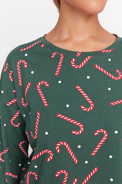Trendyol Collection Zelená 100% bavlna pletené pyžamo s vánoční tématikou Thmaw21Pt0771