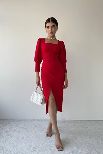 lovebox Červená pružná krepová tkanina Přední a zadní čtvercový výstřih Detail rozparku Loket Rukáv Večerní šaty 128