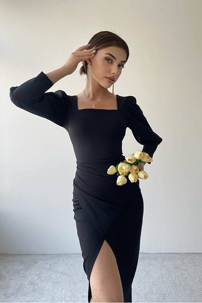 lovebox Μαύρο εύκαμπτο ύφασμα κρεπ μπροστινό και πίσω τετράγωνο σχίσιμο λαιμόκοψη Λεπτομέρεια βραδινό φόρεμα με αγκώνα μανίκι 128