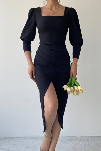 lovebox Μαύρο εύκαμπτο ύφασμα κρεπ μπροστινό και πίσω τετράγωνο σχίσιμο λαιμόκοψη Λεπτομέρεια βραδινό φόρεμα με αγκώνα μανίκι 128