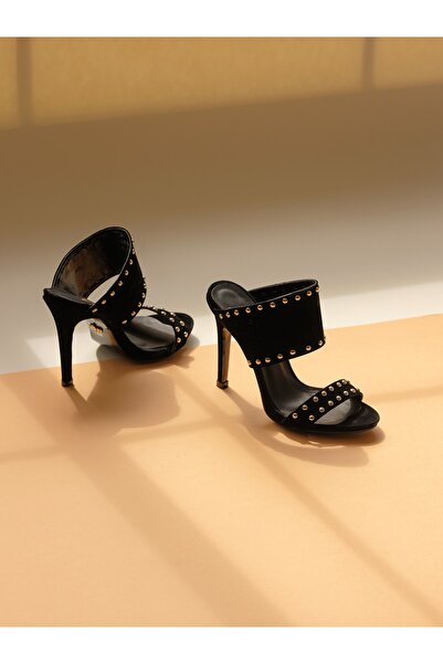 AYAKKABI PRENSİ Lindsey Trok Λεπτομερείς Μαύρες Suede Γυναικείες Παντόφλες 10 εκ., Παντόφλες με τακούνι