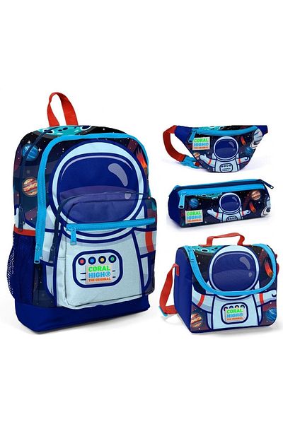 Coral High Set de 4 genți pentru școală primară cu imprimeu astronaut albastru pentru băiat - cu priză USB