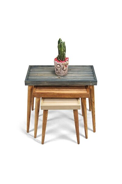 Mobenta Doğal Ağaç Masif Kütük Lata 3’lü Zigon Sehpa