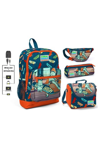 Coral High Set de 4 genți pentru școala primară pentru băieți - priză USB imprimată cu skateboard
