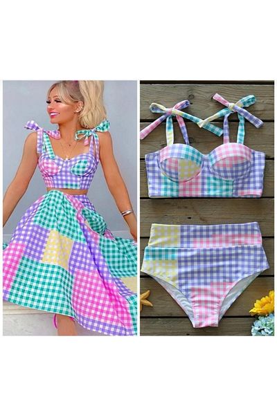 QUEEN AKSESUAR New Luxury Vintage Pastel Colored Strapless Bustier Checked Tie-up High Waist Women's Bikini