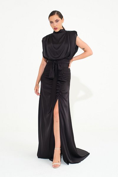 SpringStore Rochie de seară neagră cu decolteu cu mărgele pe umăr