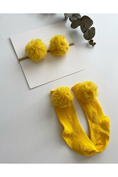 ÖZKARDEŞLER BABY Baby Girl Pompom Socks Bandana Set Yellow