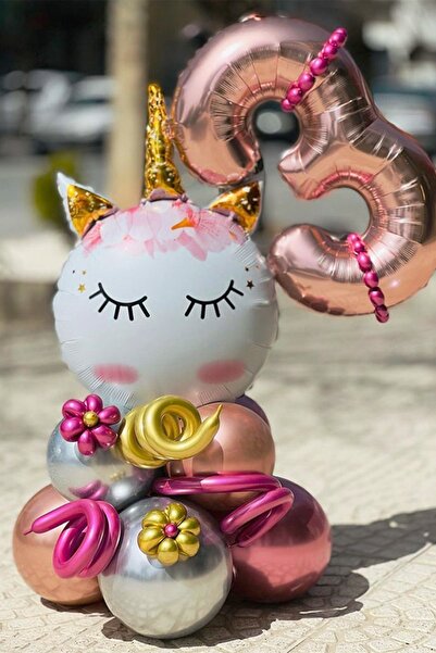 PARTİAVM Unicorn Balon Rose Gold Rakam Parlak Balonlu Karşılama Seti Kolay Ku...