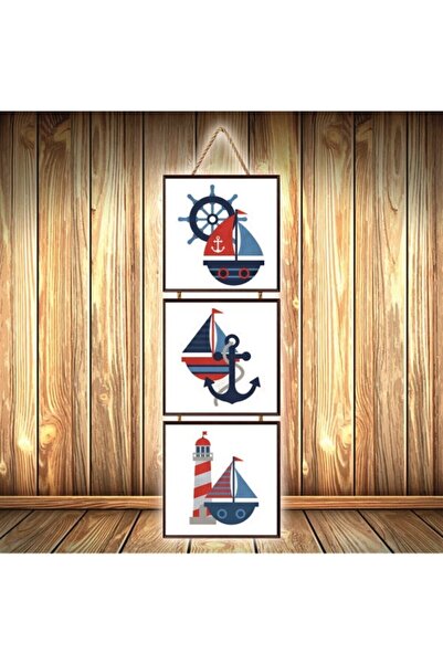 hazalshop Τριπλή ρετρό ξύλινη αφίσα με σχέδιο άγκυρας και πηδαλίου U385