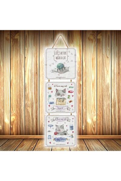 hazalshop Τριπλή ρετρό ξύλινη αφίσα με χαριτωμένο σχέδιο γάτας Ü536