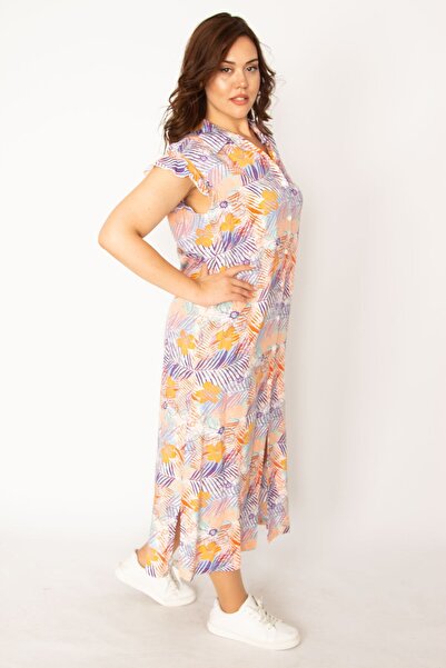 Şans Γυναικείο φόρεμα με γιακά με κουμπιά μπροστά, πολύχρωμο υφαντό ύφασμα βισκόζης 65n33879