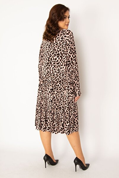 Şans Women's Large Size Brown V-Neck Front Patchwork Half Buttoned Waist Gathered Long Sleeve Dress 65n33705