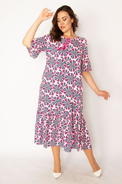 Şans Women's Large Size Colorful Woven Viscose Fabric Collar Lace-Up Hem Tiered Dress 65n33878