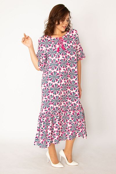 Şans Women's Large Size Colorful Woven Viscose Fabric Collar Lace-Up Hem Tiered Dress 65n33878