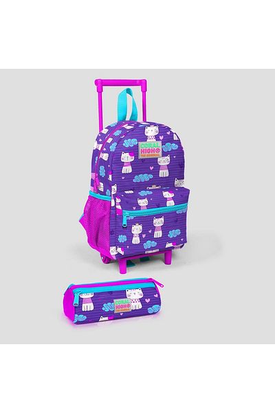 Coral High Rucsac pentru copii, mov, roz, cu model de pisică, cu două compartimente, cu carnet de verificare și rucsac pentru stilou cu trei compartimente