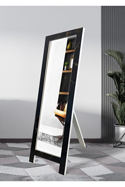 Hediyeler Kapında Siyah Mermer Desenli Dekoratif Ahşap Boy Aynası 145x44cm