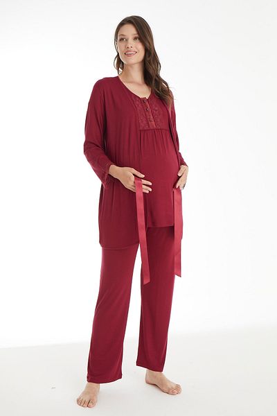 Miss Dünya Lissa Claret Red Lace Detailed Maternity and Pregnant Pajamas Set with Dressing Gown