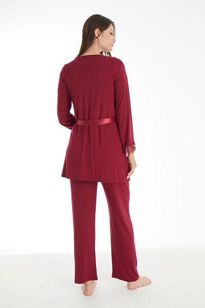 Miss Dünya Lissa Claret Red Lace Detailed Maternity and Pregnant Pajamas Set with Dressing Gown
