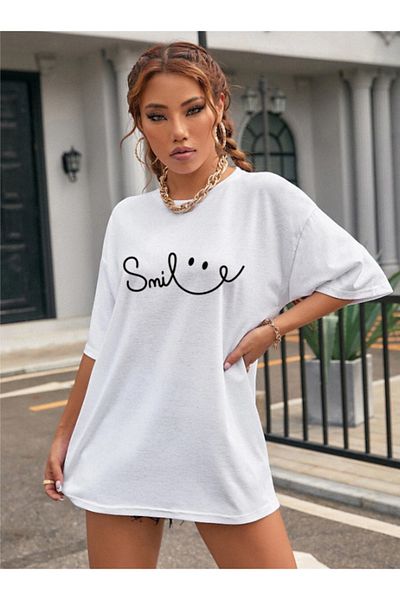 AFROGİYİM Tricou oversize cu imprimeu alb Smile pentru damă