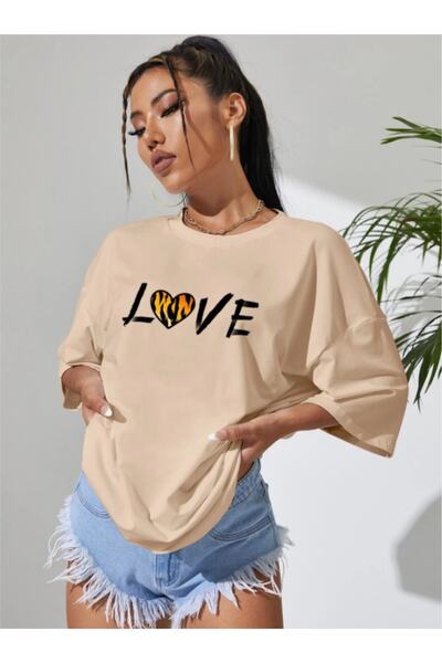AFROGİYİM Γυναικείο μπλουζάκι σε μπεζ Love printed Oversize