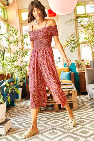 Olalook Kadın Bordo Askılı Gipeli Dokuma Viskon Tulum TLM-19000138