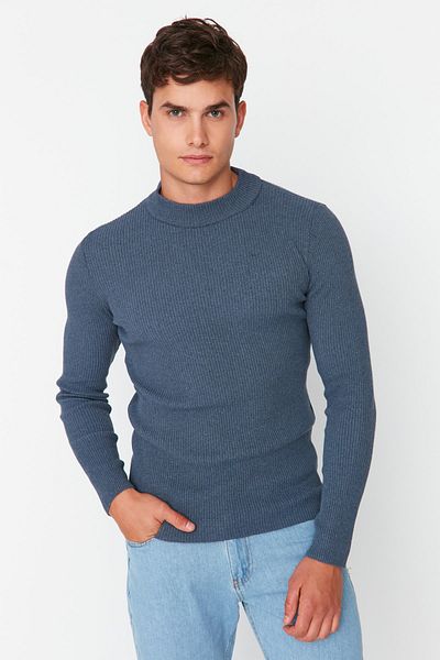 Trendyol Collection Svetr Indigo se šňůrou - Poloviční rolák, Bavlna, Slim Fit Tmnaw21Kz0568