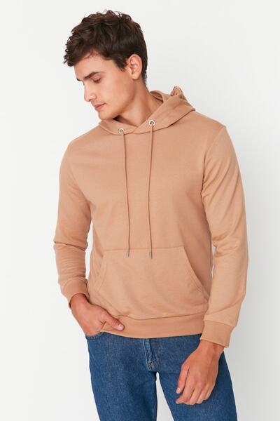 Trendyol Collection Светлокафяв суитшърт с качулка и дълъг ръкав - стандартна кройка TMNAW20sw0162