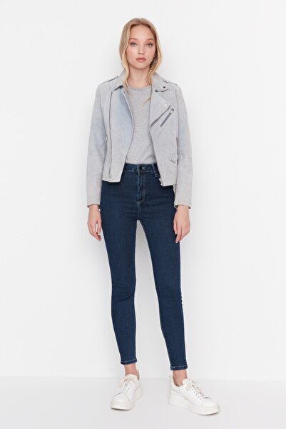 Trendyol Collection Темно-сині джинси скінні з високою талією з контрастною строчкою TWOAW23JE00443