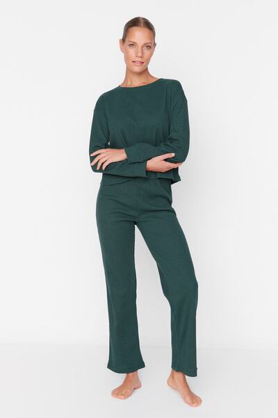 Trendyol Collection Σετ Πιτζάμες Πλεκτές με Κορδόνι Σκούρο Πράσινο - THMAW21PT0009