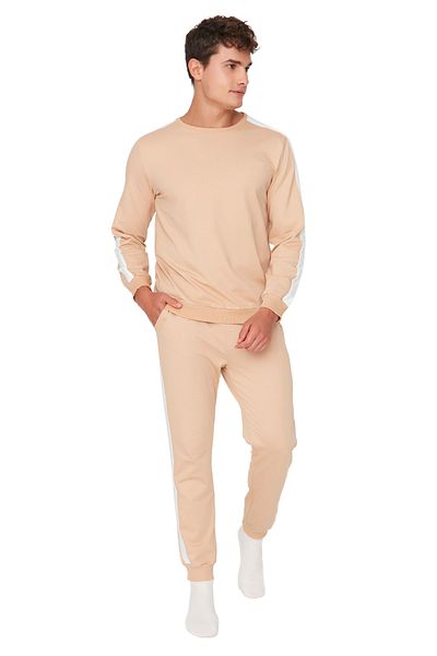 Trendyol Collection Pletená souprava pyžama Camel s pruhy na bocích