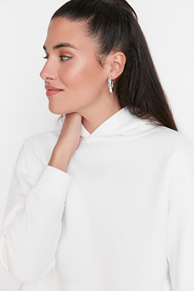 Trendyol Collection White Basic Regular/Normal Fit Thick Fleece Inside Hooded Knitted Sweatshirt