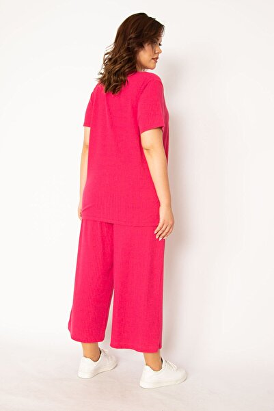 Şans Women's Fuchsia Camisole Knitted Elastic Waist Wide Leg Trousers V-Neck Blouse Suit 65n32939