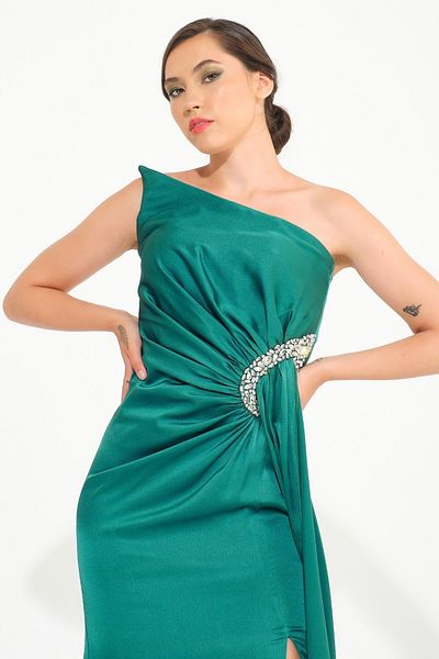 SpringStore Rochie de seară cu detalii de piatră fără bretele de smarald
