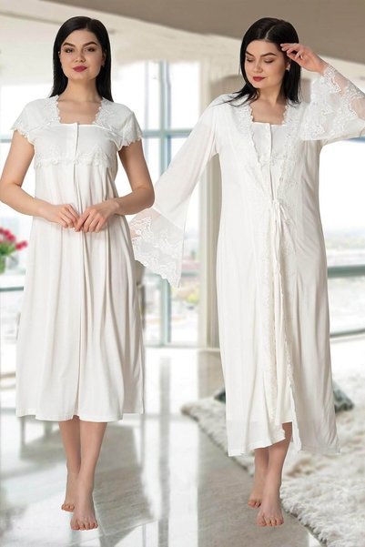 by İGP Effortt Women's Ecru Lace Pregnant Maternity Dressing Gown Nightgown Set