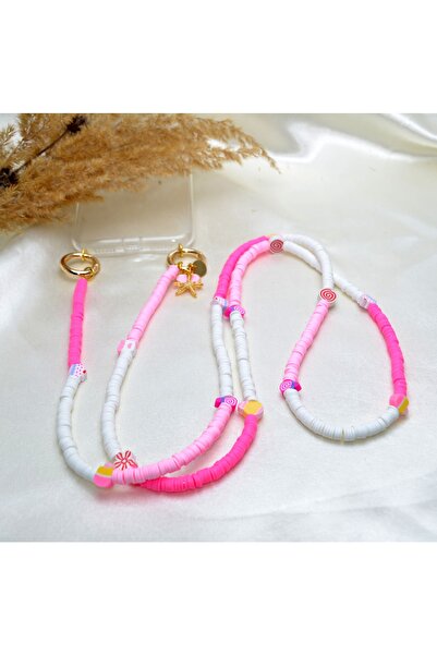 Y&M PERLA ACCESSORİES Fimo Boncuklu Pembe Telefon Askısı Boyun Askısı