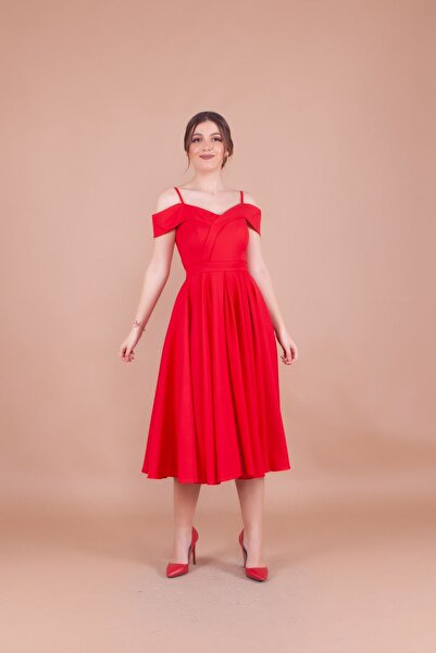 Bidoluelbise Kadın Askılı Düşük Omuz Detay Pileli Midi Boy Elbise