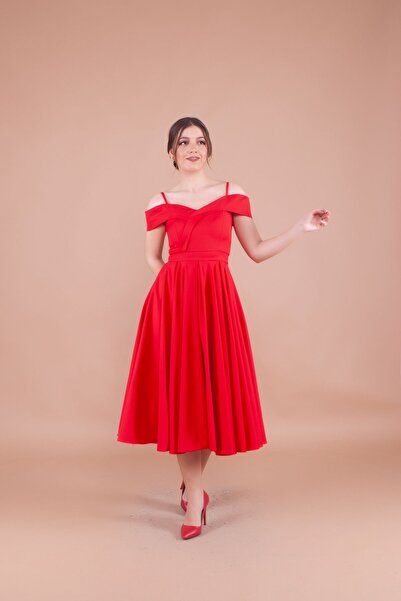 Bidoluelbise Kadın Askılı Düşük Omuz Detay Pileli Midi Boy Elbise