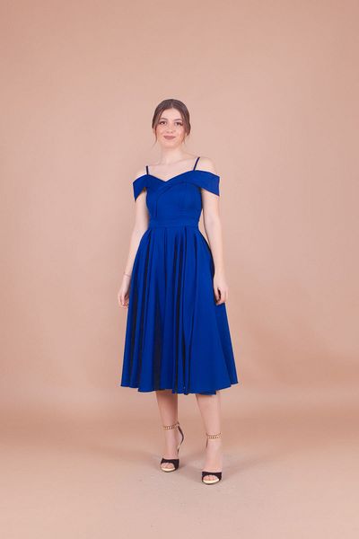 Bidoluelbise Women's Strappy Off-Shoulder Detail Pleated Midi Dress