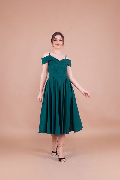 Bidoluelbise Women's Strappy Off-Shoulder Detail Pleated Midi Dress
