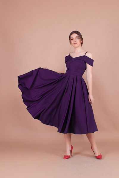 Bidoluelbise Women's Strappy Off-Shoulder Detail Pleated Midi Dress