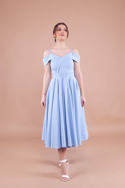 Bidoluelbise Kadın Askılı Düşük Omuz Detay Pileli Midi Boy Elbise