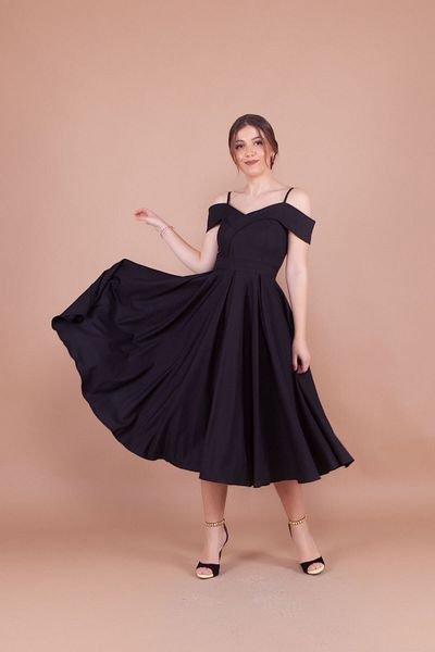 Bidoluelbise Women's Strappy Off-Shoulder Detail Pleated Midi Dress