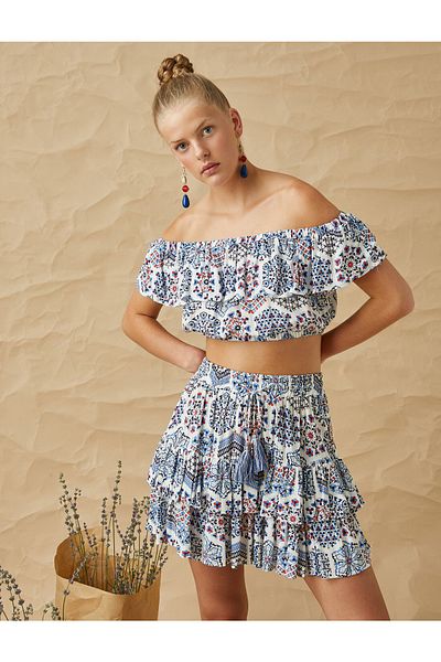 Koton Μπλούζα με Ethnic μοτίβο Frilly Off-Shoulder Crop