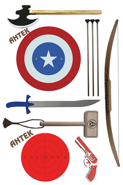 Ahtek Wooden Toy Gun Set of 7 Captain America and Natural Hornbeam Arrow Bow